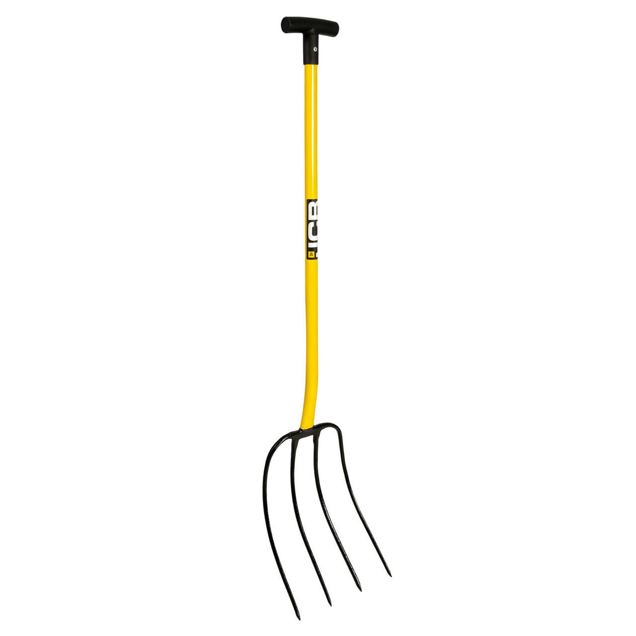Fourche à fumier 4 dents avec poignée en T en acier jaune robuste