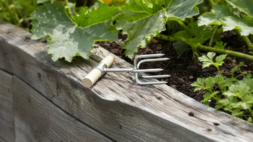 Cultivateur hélicoïdal – Fourche à main en acier inoxydable avec manche en hêtre et virole en laiton