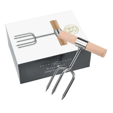 Cultivateur hélicoïdal – Fourche à main en acier inoxydable avec manche en hêtre et virole en laiton
