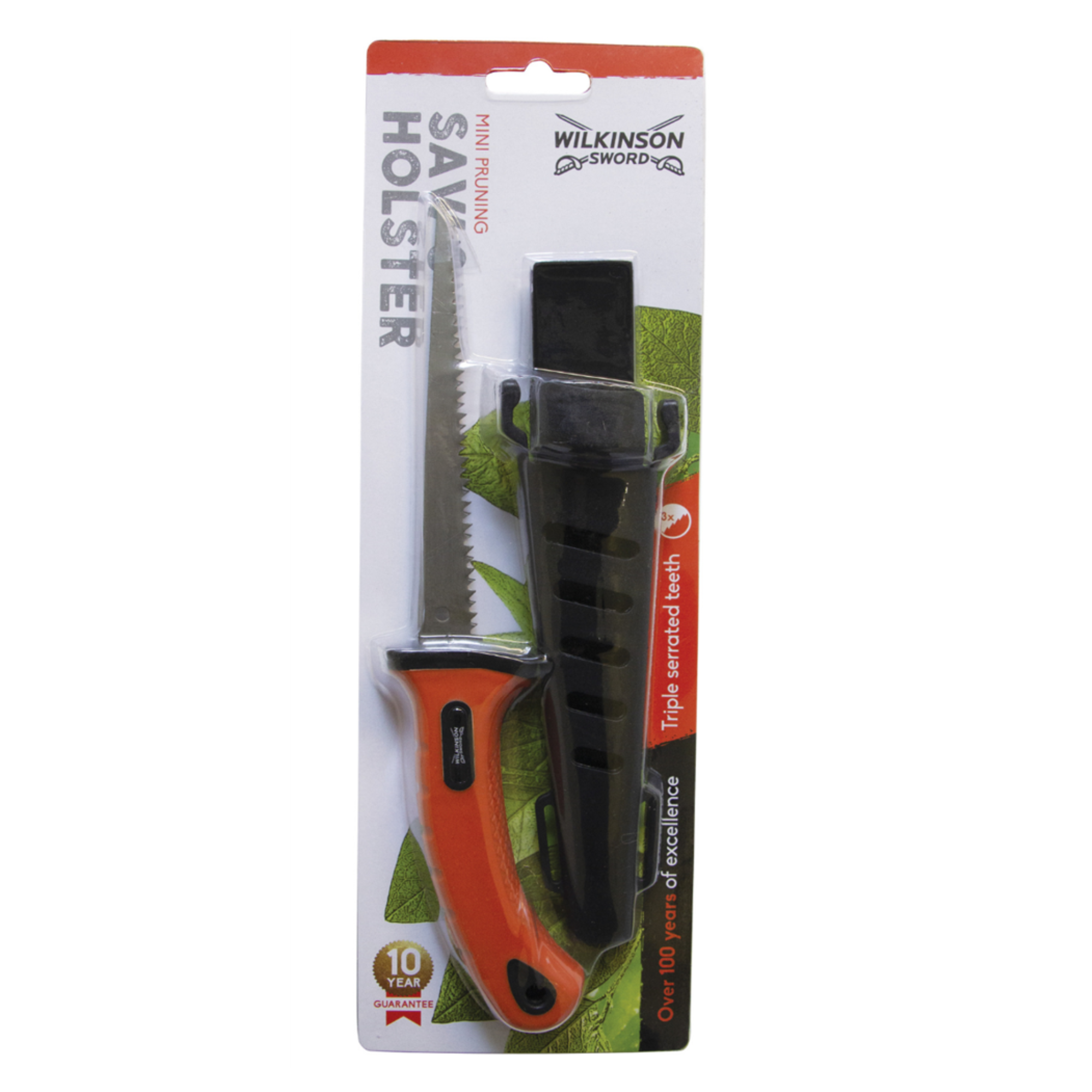 Mini-scie d'élagage avec étui de protection noir, manche orange