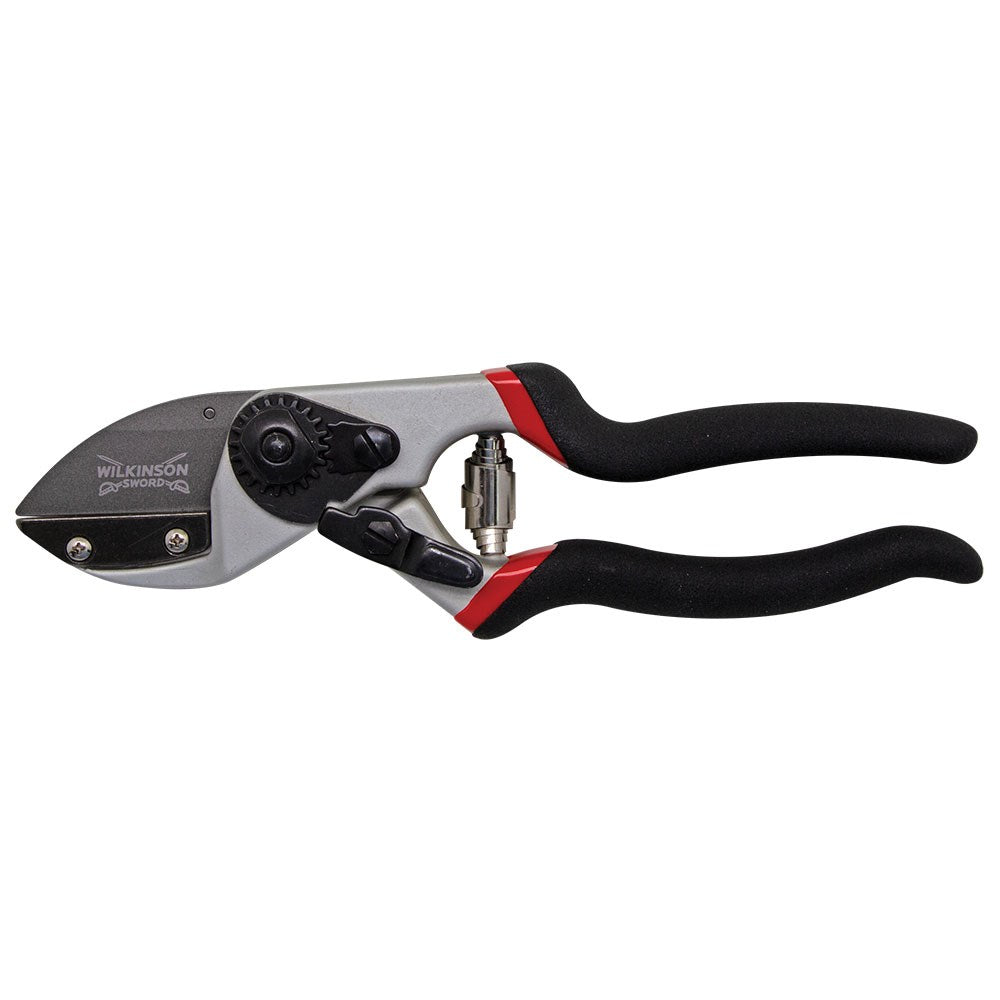 Sécateur à enclume professionnel avec poignée souple, corps en aluminium noir et rouge