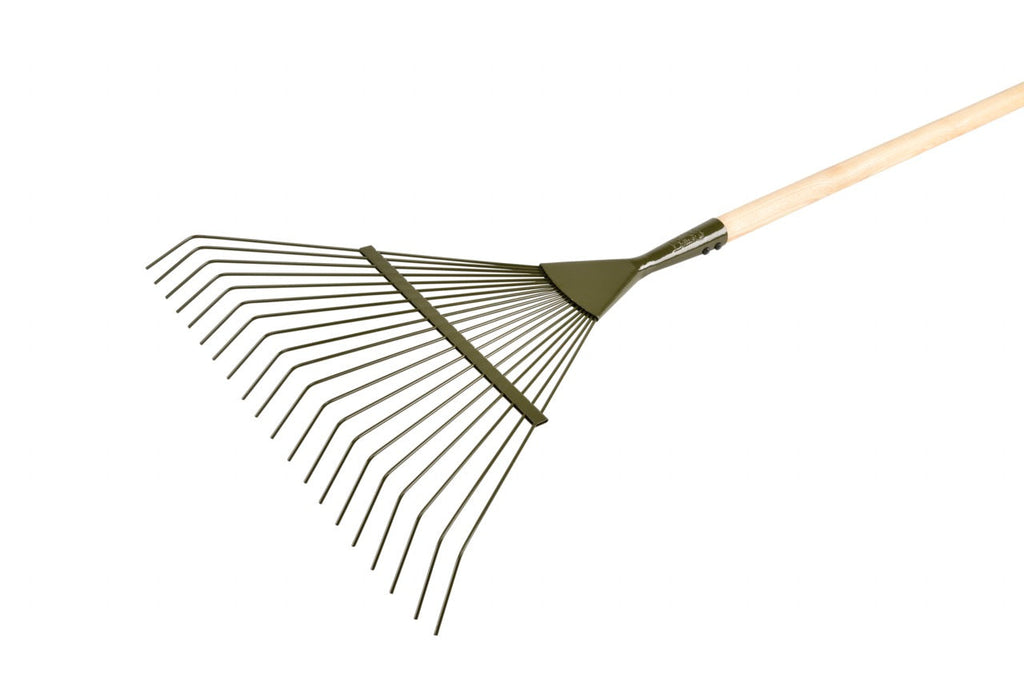 Râteau à gazon en acier vert avec long manche ergonomique en bois dur
