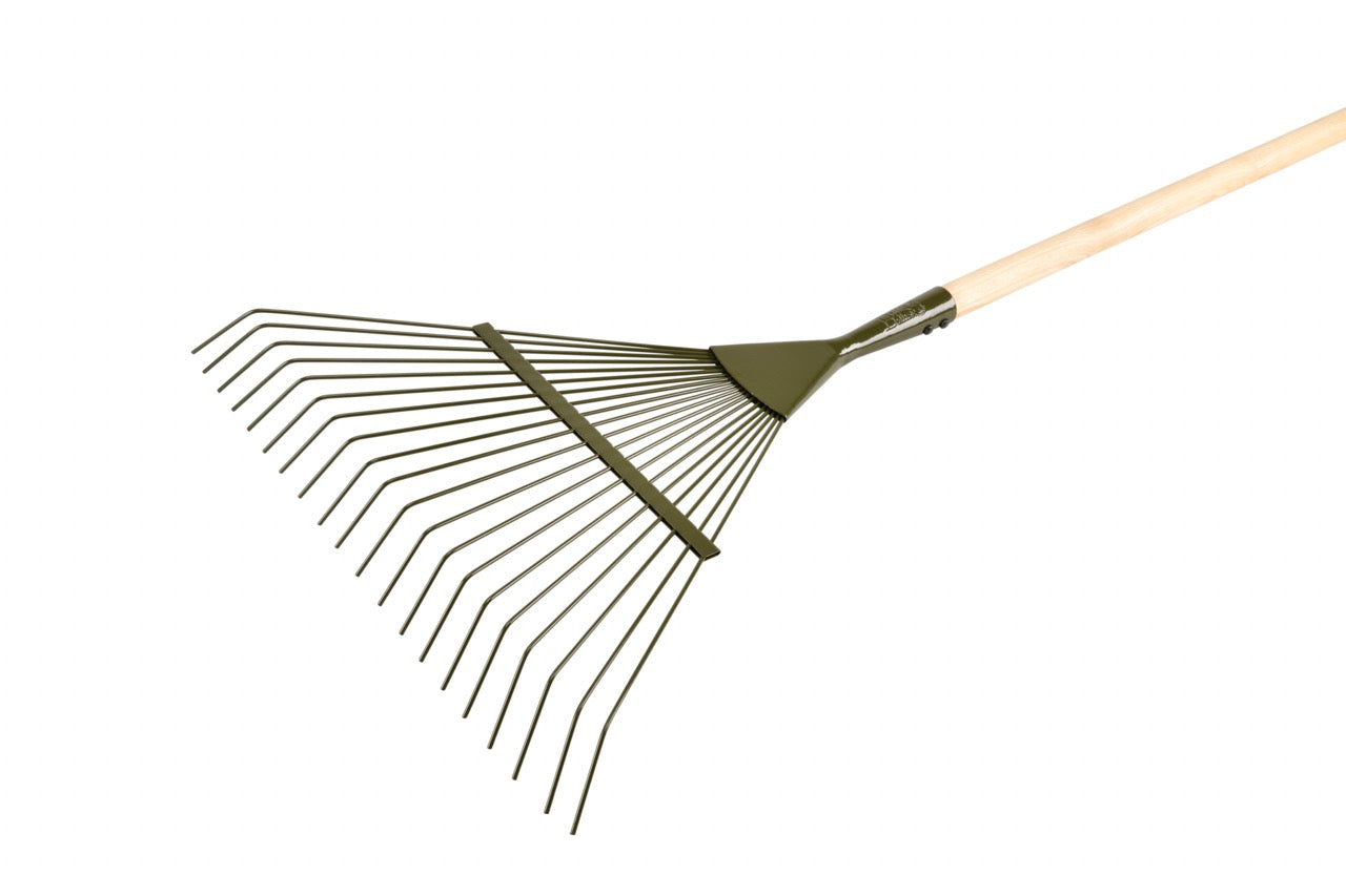 Râteau à gazon en acier vert avec long manche ergonomique en bois dur