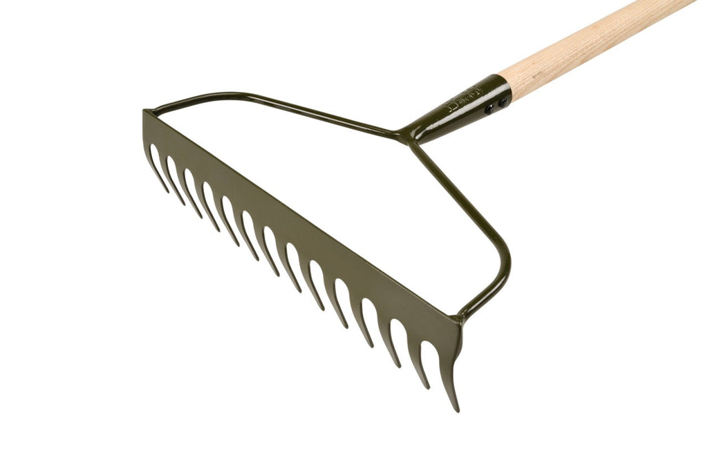 Râteau de jardin en acier vert au bore avec manche en bois dur