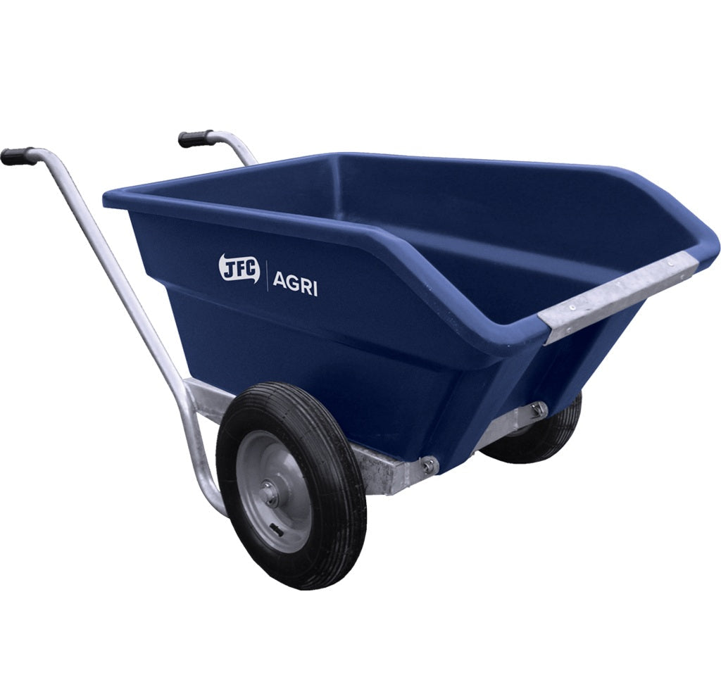 Brouette basculante bleue 250 L avec double roues pneumatiques résistante